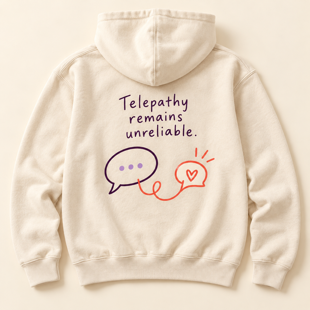 Back of cream hoodie with Telepathy remains unreliable lettering and connected plum and coral speech bubbles