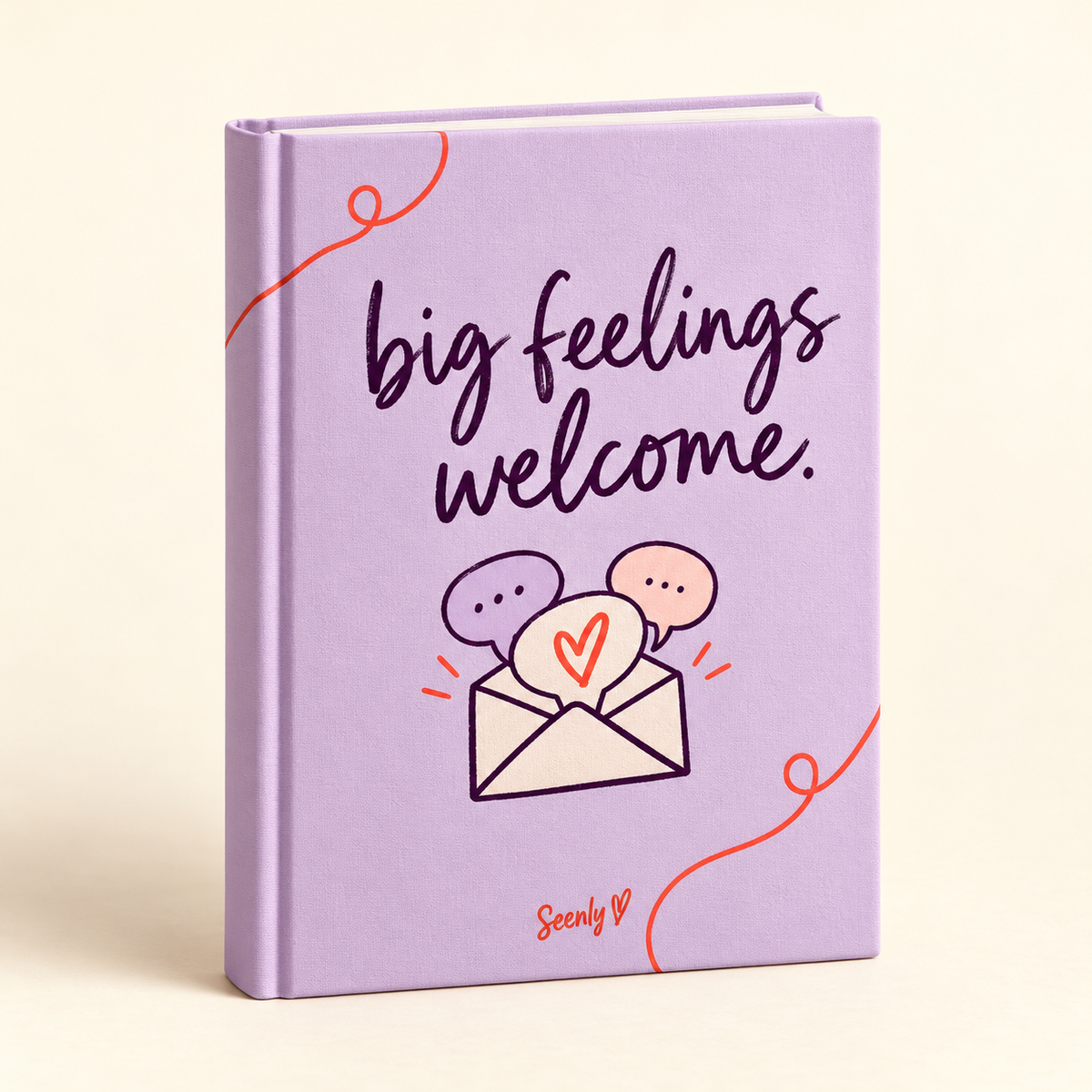 Lavender Seenly Big Feelings Welcome journal with an envelope and speech bubbles